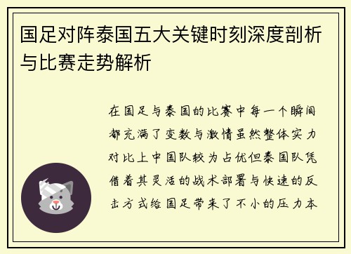 国足对阵泰国五大关键时刻深度剖析与比赛走势解析