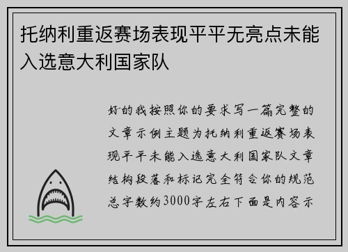 托纳利重返赛场表现平平无亮点未能入选意大利国家队 托纳利重返赛场表现平平无亮点未能入选意大利国家队