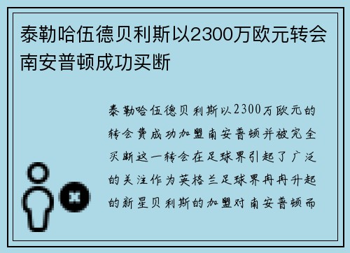 泰勒哈伍德贝利斯以2300万欧元转会南安普顿成功买断